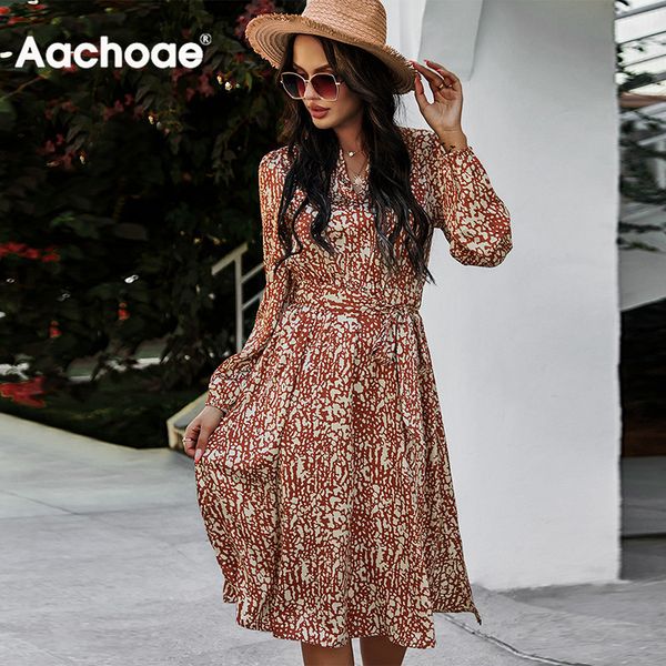 

women v neck print midi puff sleeve side split elegant knee length office bandage dress spring autumn robe 210413, Black;gray