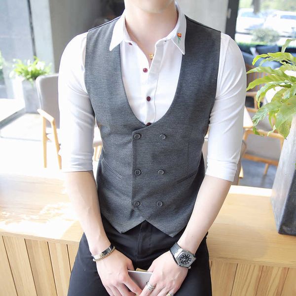 

classic formal business dress vests for men double breasted casual sleeveless wedding suit vests nightclub work waistcoat 210527, Black;white