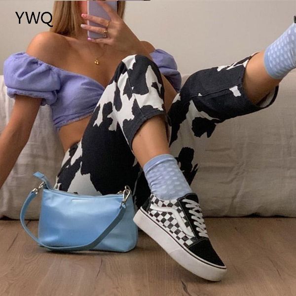 

cows printing pants for women korean clothing high waist streetwear fashion five buttons casual trousers women's jeans, Blue