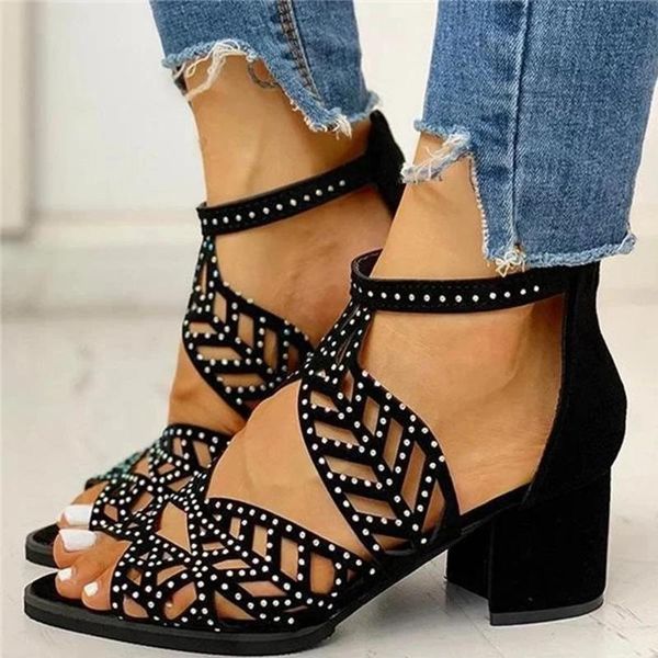 

sandals women peep toe gladiator ladies hollow out pumps high heels shoes summer crystal female pointed fashion ulj6, Black
