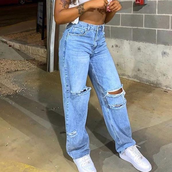 

missnight ripped hollow baggy women jean high waist streetewear loose denim wide leg pants, Blue