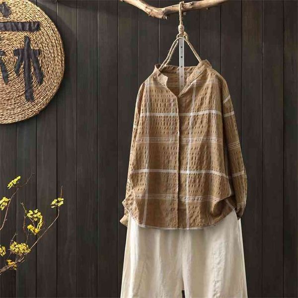

spring arts style women long sleeve loose v-neck shirts vintage cotton linen plaid casual blouses femme s827 210512, White
