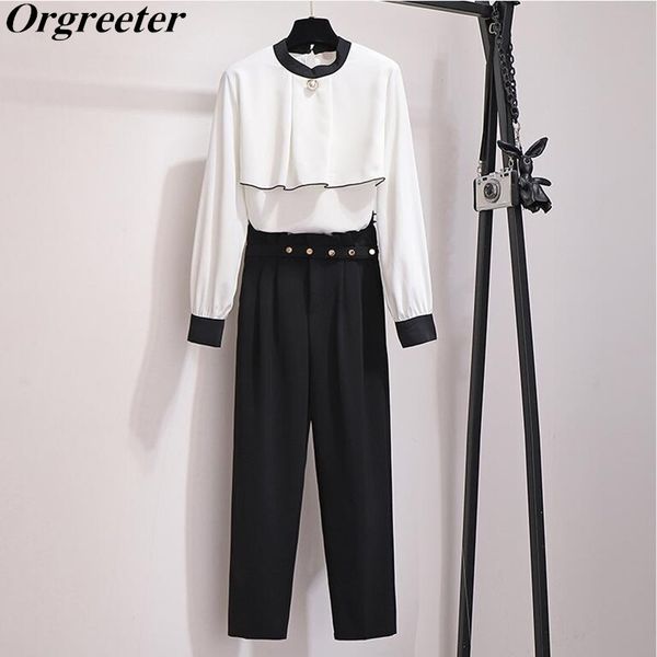 

professional temperament two-piece pant suit spring fall single button white chiffon shirt and ruched harem pants suits 210525