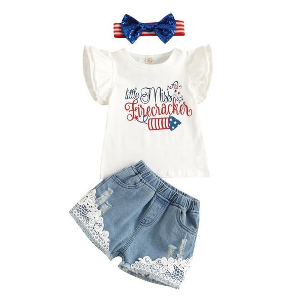 

clothing sets kids baby girls sleeve letter t-shirts bow headbands denim short pants embroidery toddler children clothes 3pcs, White
