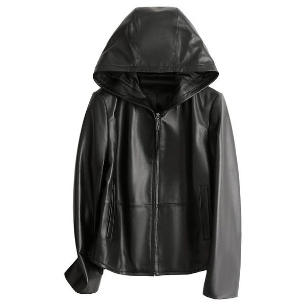 

women's leather & faux shzq women coat spring with hood genuine sheepskin jacket fashion clothing, Black