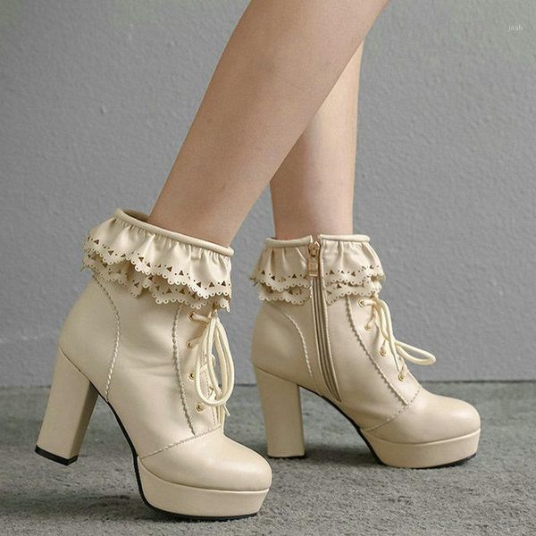 

boots women ankle platform square heel shoes sweet lace lovely cosplay high heels big size 34-43 black pink white1