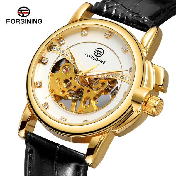 

wristwatches forsining 2021 diamond display transparent case fashion casual golden mechanical skeleton watch men wrist, Slivery;brown
