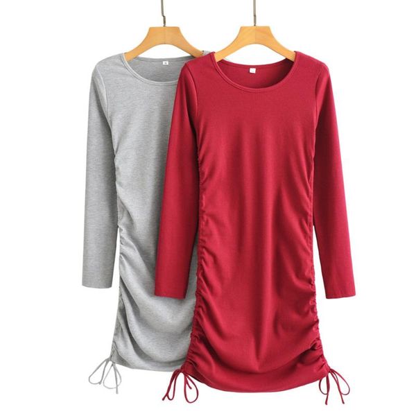 

casual dresses women's 2021 winter drawstring knitted dress women slim solid color round neck long sleeve mini bodycon femme, Black;gray