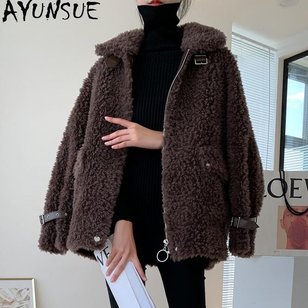 

women's fur & faux ayunsue motorcycle coat female winter 2021 sheep shearling coats women short real wool jacket casual manteau femme g, Black