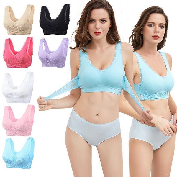 

comfort bra solid color lace womens tracksuits front cross side wireless push up underwear lingerie breathable sleep sports plus, Gray