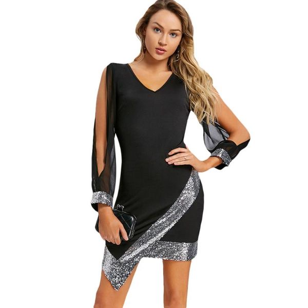 

casual dresses women autumn winter dress sequined chiffon party elegant v neck knee-length bodycon female vestidos, Black;gray