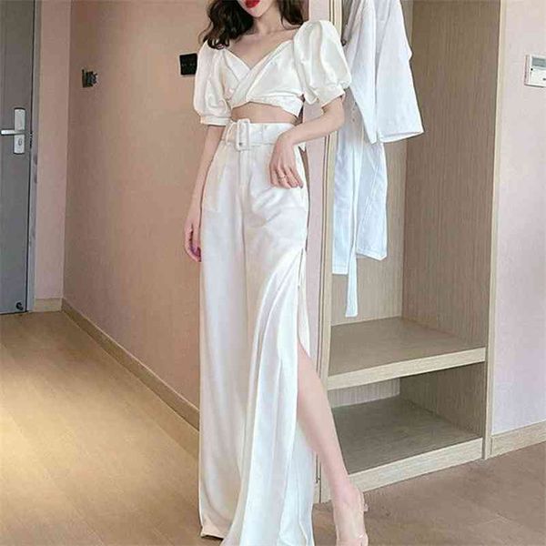 

wonder two piece set puff sleeve crop high waist split wide leg pants office korean japan style sets 210510, White