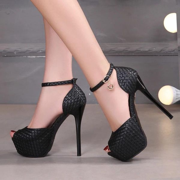 

dress shoes super high pumps women ankle strap peep toe heels woman platform ladies wedding 10cm 14cm, Black