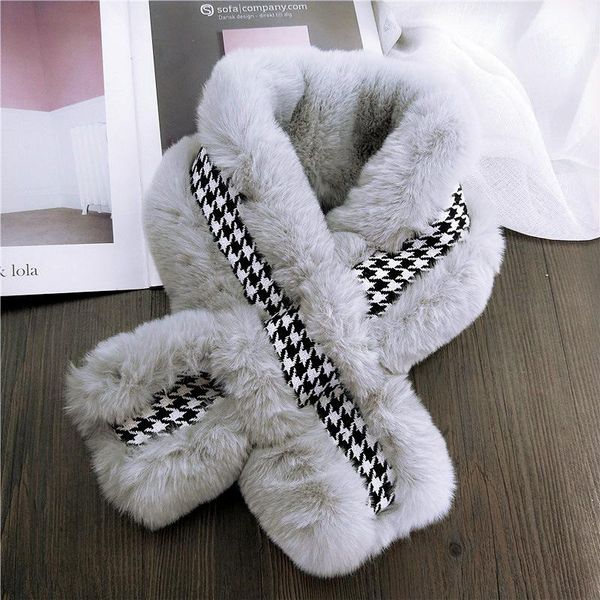

scarves 10*80cm plaid plush cross winter warm fashion faux fur scarf for women girls kids children cute neck ring, Blue;gray