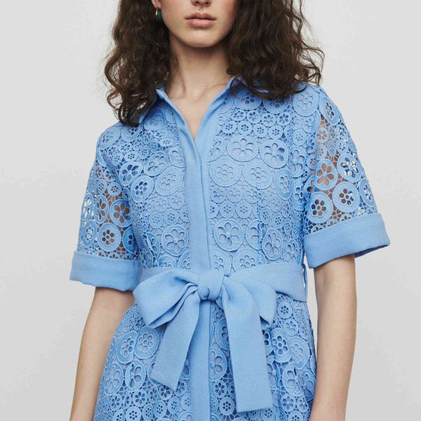 

runway women summer elegant short sleeve blue and white hollow out lace midi vestidos, Black;gray
