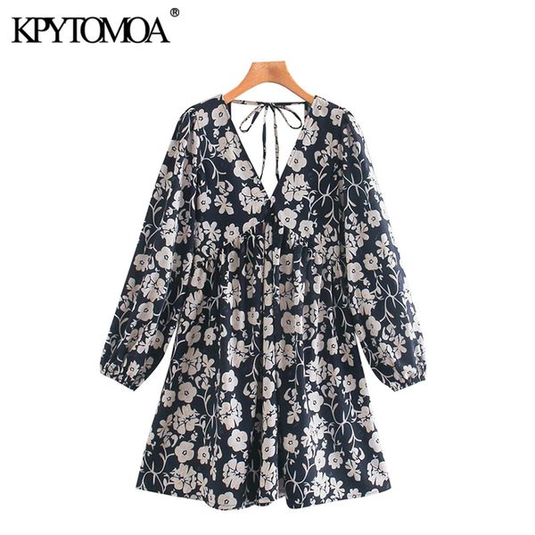 

women chic fashion floral print pleated mini dress vintage backless puff sleeve female dresses vestidos mujer 210416, Black;gray