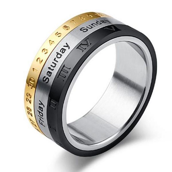 

cluster rings arrivals three-color calendar week roman digital stainless steel creative rotate time for women men jewelry, Golden;silver