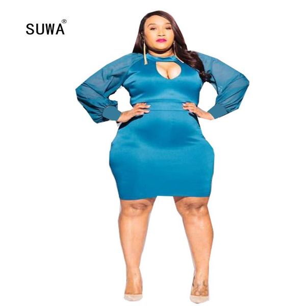 

casual dresses 2021 plus size on spring pure color slim-fit pencil mini dress elegant office lady o neck full sleeve hollow-out vestidos, Black;gray