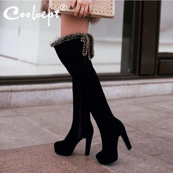 

boots coolcept women thigh high winter keep warm platform shoes add fur casual zipper thin heels size 34-39, Black