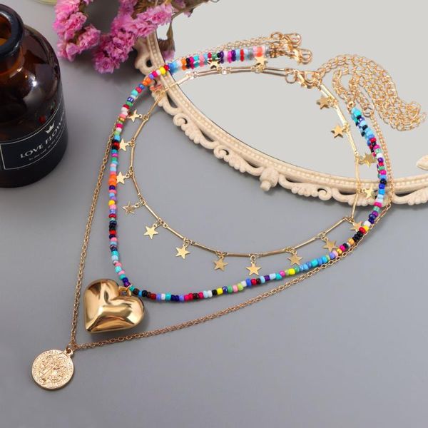 

chains flatfoosie boho metal coin portrait star pendant necklace for women multilayer beaded heart choker statement jewelry, Silver