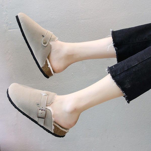 

buckle strap plush mules slippers women flock solid furry slides comfy outdoor winter round toe candy color cork cotton pantufa, Black