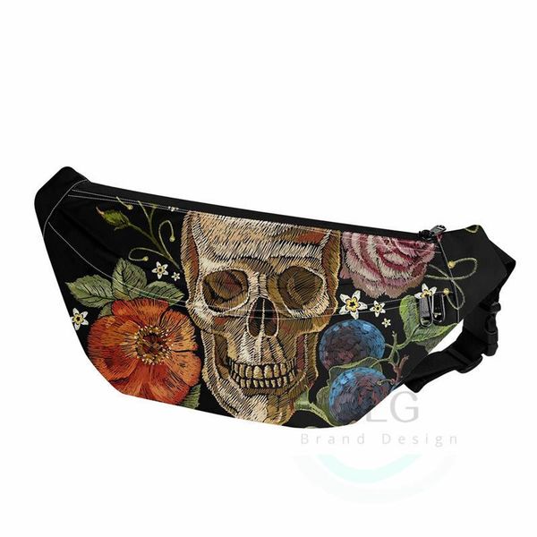

skull floral design waist packs hip bag women/men bum mobile phone bags zipper black large capacity belt pouch