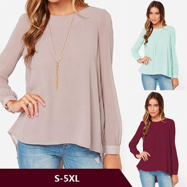 

women's spring new pure color round neck loose long sleeve chiffon shirt, White