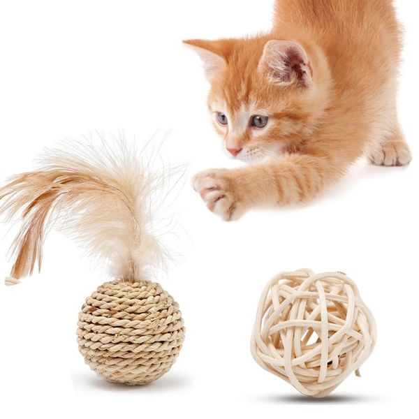 

cat toys sisal rope weave pet feather toy funny woven balls with bell rattan sound for cats kitten