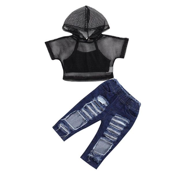 

clothing sets 2021-07-20 lioraitiin 1-6years toddler little girls 3pcs outfit set short sleeve mesh hoodie sheer ripped elastic denim pa, White
