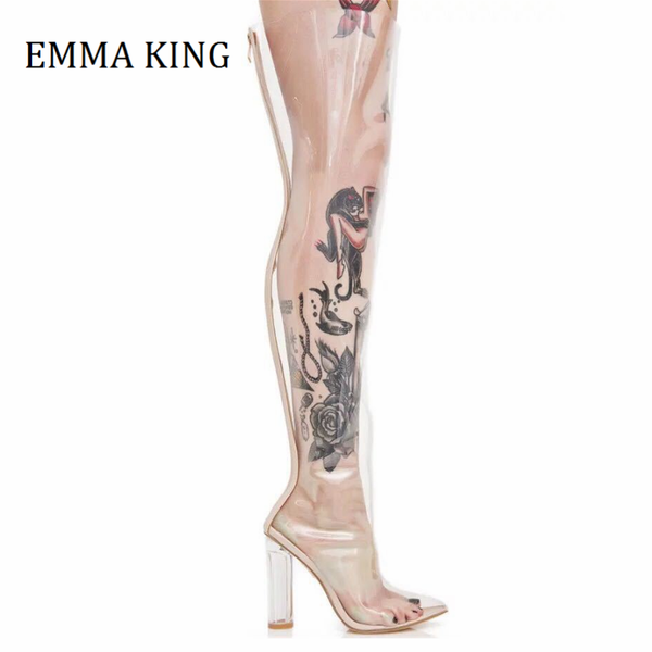 

boots women transparent thigh high female clear pvc over the knee point toe heel summer woman botas de mujer 2021, Black