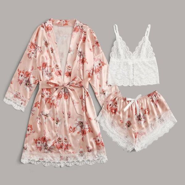

women's sleepwear women pajama set satin silk 3pcs robe sets floral lace nightdress lingerie nightgown underwear pyjama, Black;red