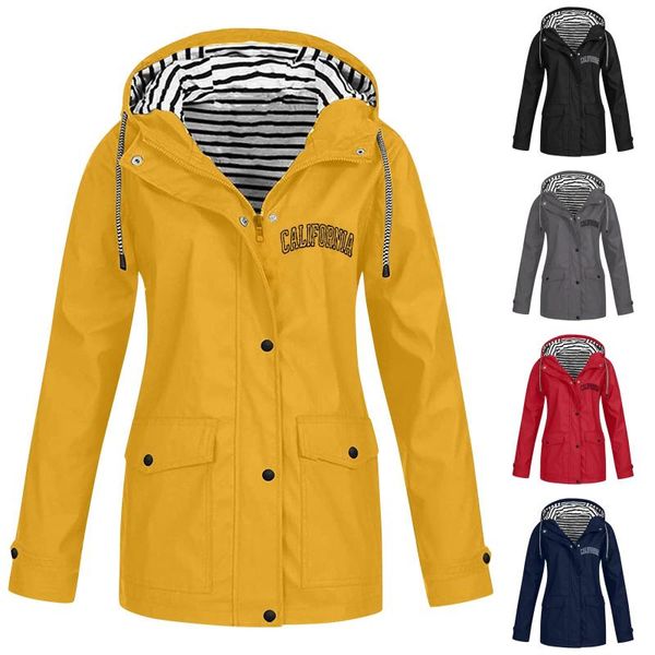 

women's trench coats women solid rain jacket outdoor plus waterproof hooded raincoat windproof winter print pockets vintage oversize, Tan;black