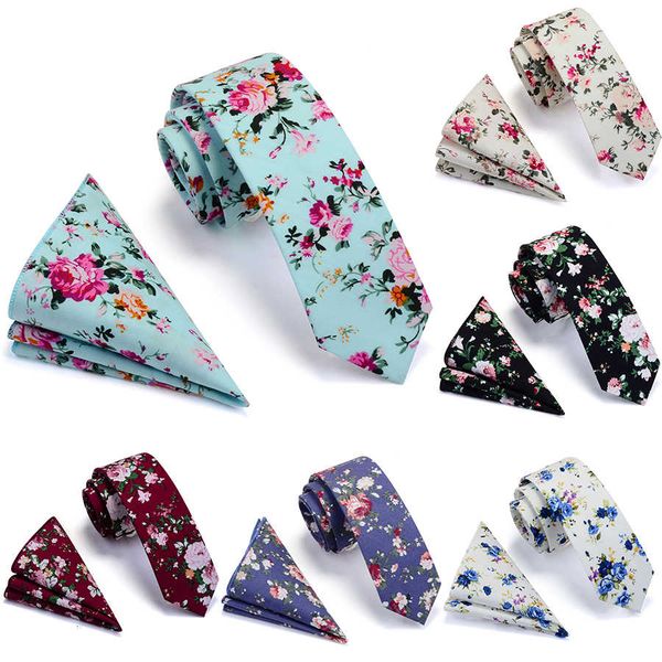 

ricnais 100% cotton 6cm slim pocket square necktie set red bule floral print handkerchief ties for men party skinny neck tie, Blue;purple