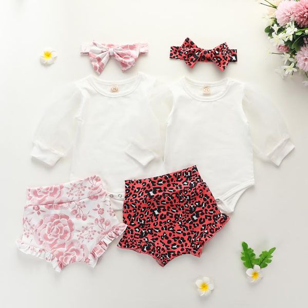 

clothing sets 2021 3pcs baby girls clothes puff sleeve white romper leopard print shorts headband