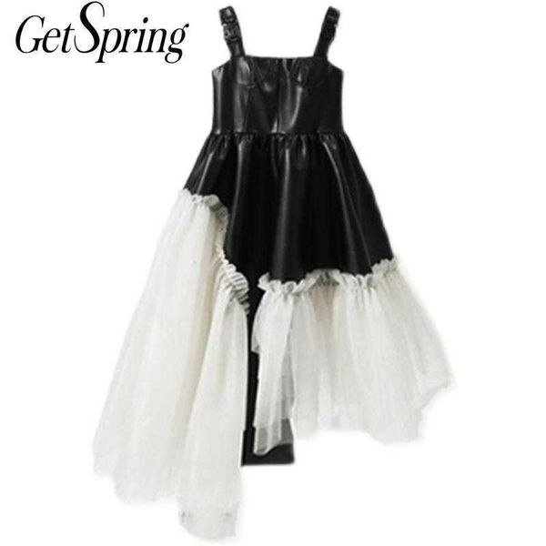

getspring women dress mesh patchwork asymmetry pu dresses sleeveless color matching short summer woman 210601, Black;gray