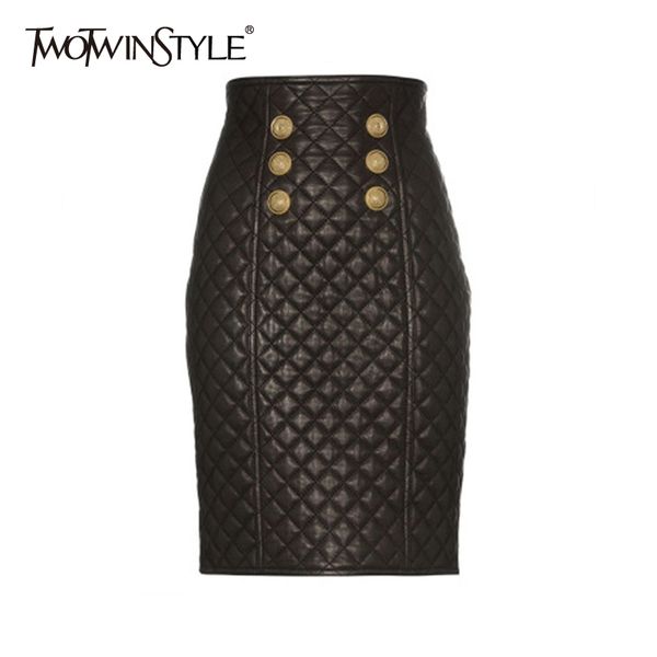 

gold button pu leather skirt for women high waist a line office ladies style skirts female spring fashion new 210428, Black