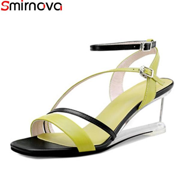 

smirnova 2021 arrival fashion summer women sandals wedges square toe party wedding shoes genuine leather pumps, Black