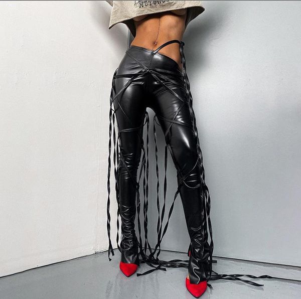 

leather gothic vintage pencil pants skinny sling high waist pant asymmetry chic tight trouser spring 2021 streetwear clothing women's &, Black;white