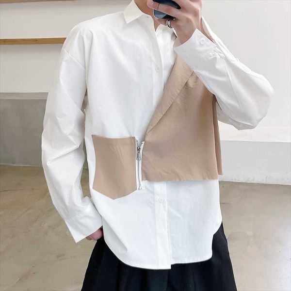 

men's casual shirts large size light luxury style personality quilt design false two loose long sleeves fashion trend korean edition sh, White;black
