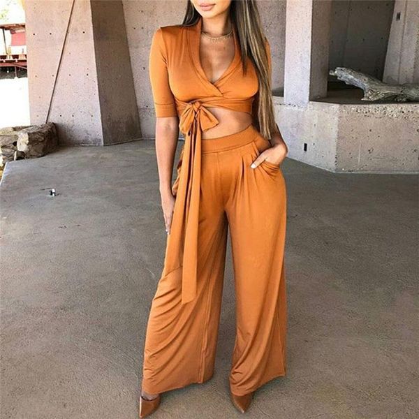 

women's jumpsuits & rompers women fashion autumn solid jumpsuit deep v lace up crop 2 pieces set high waist ladies long pants casua, Black;white