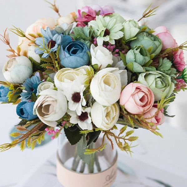 

silk rose pink artificial flowers bouquet living room home table accessories wedding decoration fake flower decorative & wreath