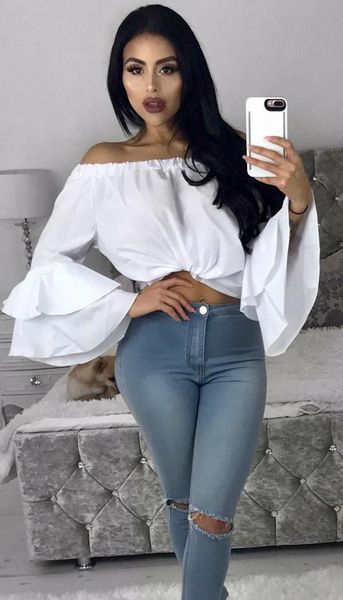 

women's blouses & shirts 2021 off shoulder fashion long sleeve shirt casual blouse ladies candy color loose top, White