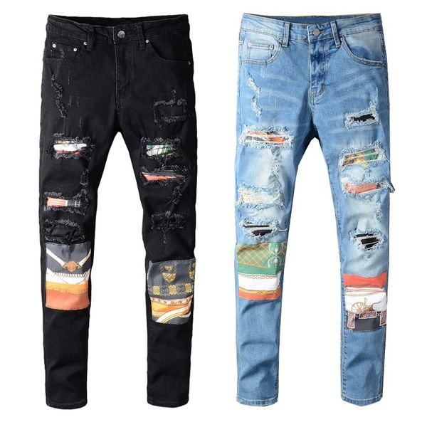 

mens jeans fashion black blue denim pant for male ny ripped dtroyed stretch slim fit with hol
