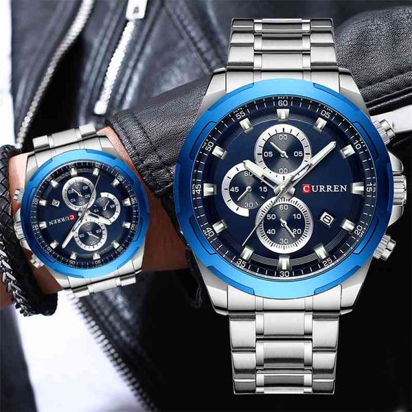 

curren watches men brand luxury sport wristwatch chronograph quartz male clock stainless steel watch waterproof reloj hombre 210517, Slivery;brown