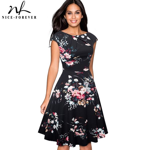 

nice-forever elegant vintage floral printed party vestidos cap sleeve a-line female flare swing women dress btya067, Black;gray