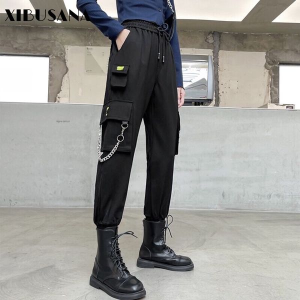 

women cargo pants spring autumn fashion female loose casual harem pant drawstring bf streetwear harajuku straight trousers 210423, Black;white