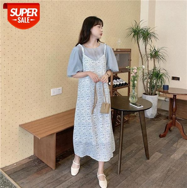 

thin fairy super strap chiffon floral dress two-piece waist #j06c, Black;gray