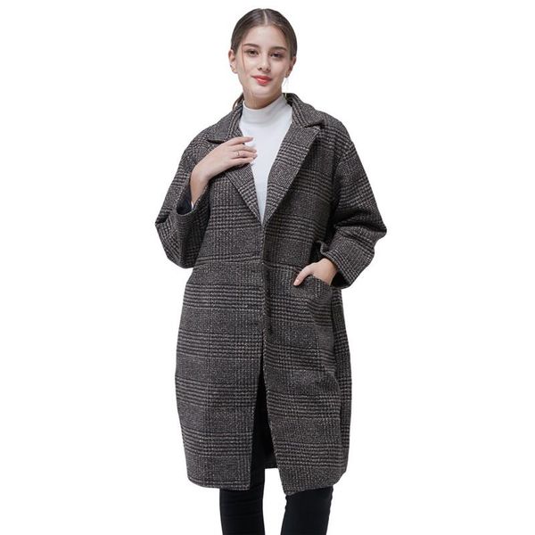 

women's wool & blends 20 autumn and winter fashion suit collar mid length loose jacket check woolen single breasted long sleeved coat c, Black