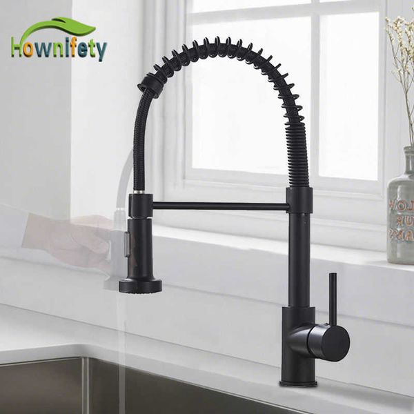 Pull Down Kitchen Sink Faucet 360 Free Rotation Spring Cold Mixer Crane Tap Spray Stream 2-Way Modes Spout Black Gold Nickel 210724