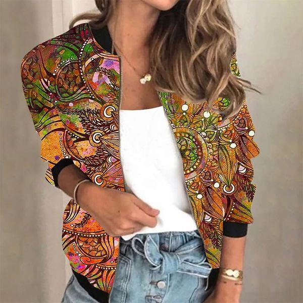 

women's jackets vintage printing fashion long sleeve zipper solid casual short jacket loose coatwear autumn clothes femme, Black;brown